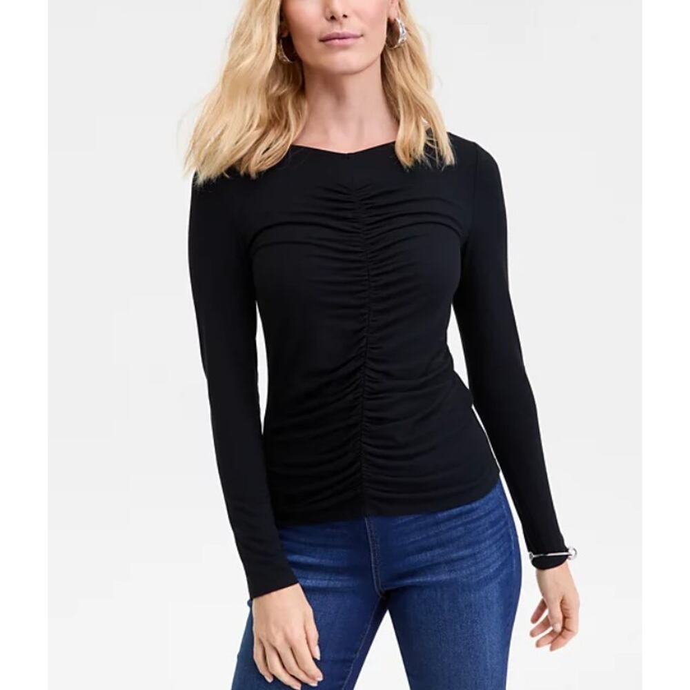 INC International Concepts Women's Shirred-Front Long-Sleeve Top Black Size PM